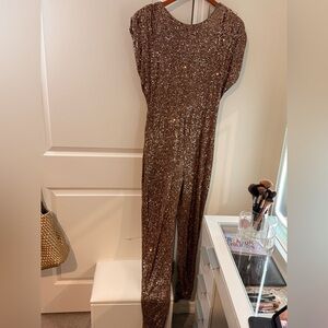 Fashion Nova Shoulder Pad Sequined Brown Jumpsuit